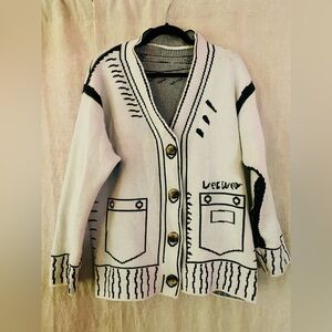 Women's Black and White Illustrated Wool Blend Cardigan Sweater